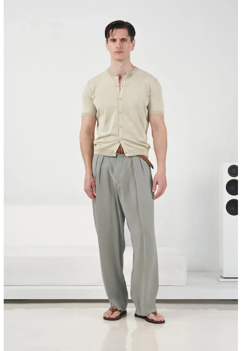 Pantaloni barbati,  talie medie, pliuri, verde, amestec modal-poliester