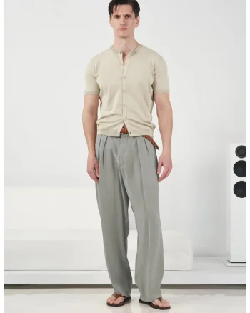 Pantaloni barbati,  talie medie, pliuri, verde, amestec modal-poliester