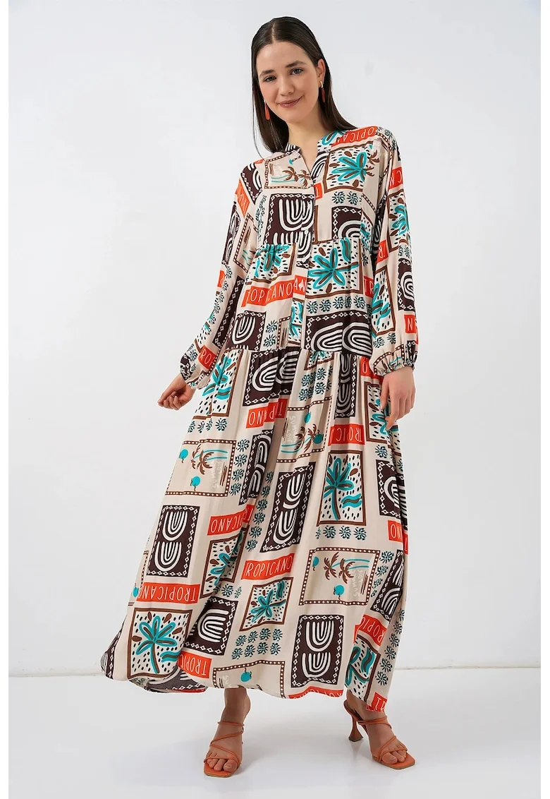 Rochie Maxi,  maneca lunga, maro inchis, viscoza