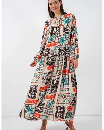 Rochie Maxi,  maneca lunga, maro inchis, viscoza