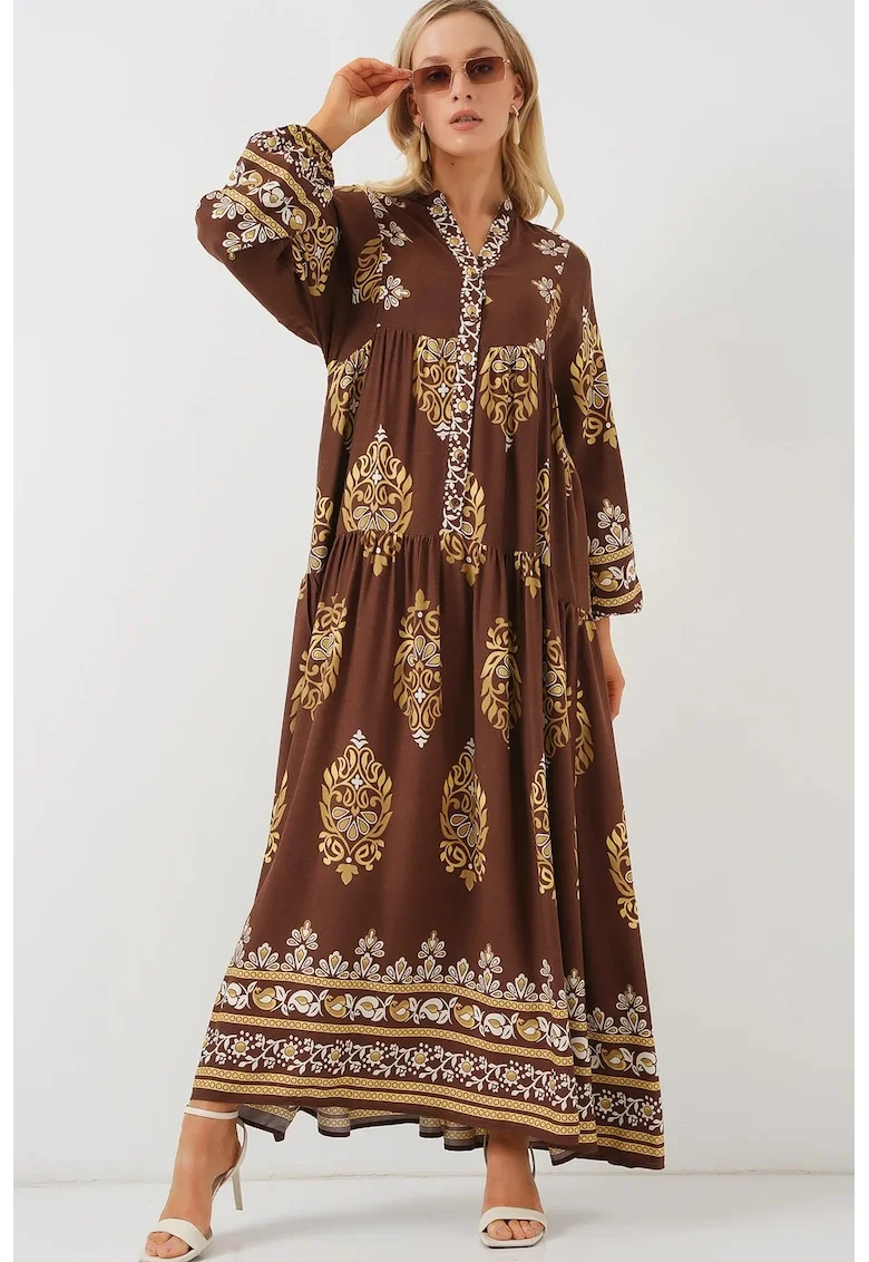 Rochie Maxi  imprimata, maro, viscoza, maneca lunga, lejera