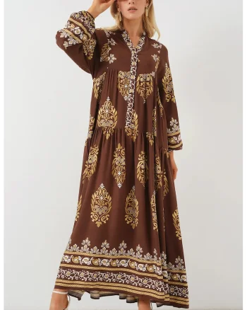Rochie Maxi  imprimata, maro, viscoza, maneca lunga, lejera