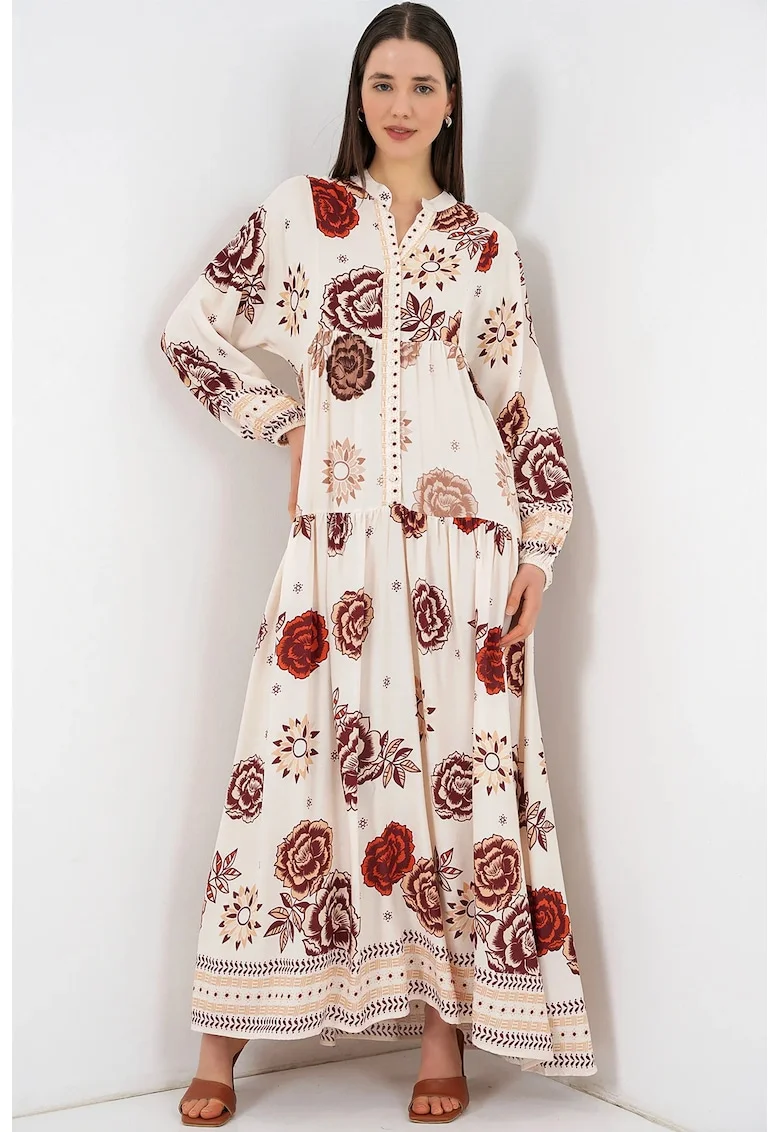 Rochie maxi  bej, 100% viscoza, maneca lunga