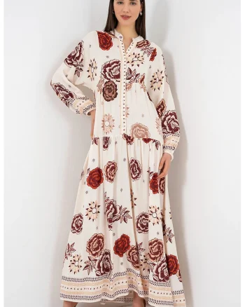 Rochie maxi  bej, 100% viscoza, maneca lunga