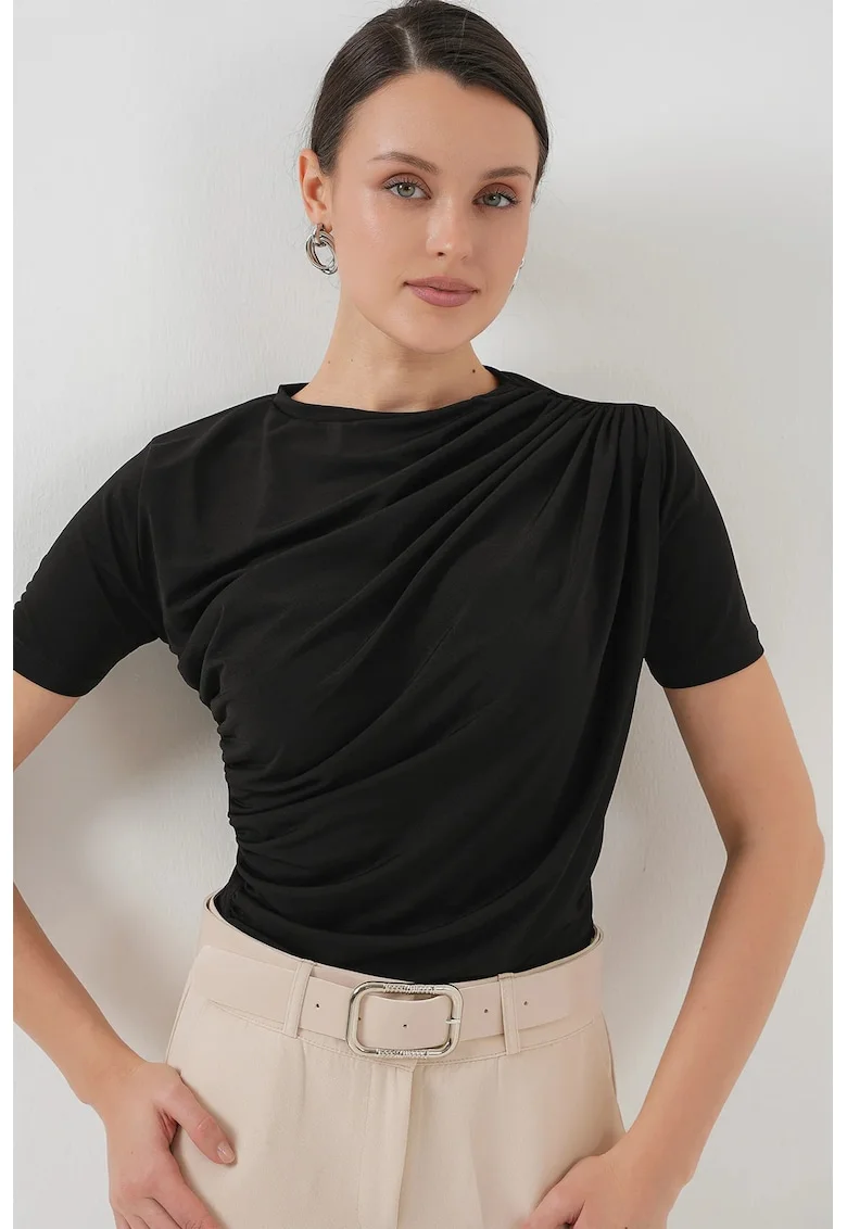 Bluza dama,  Poliester/Elastan, Negru, Guler rotund