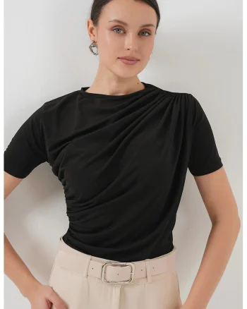 Bluza dama,  Poliester/Elastan, Negru, Guler rotund