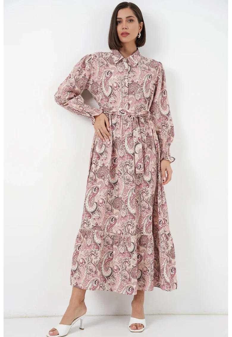 Rochie camasa midi  imprimeu paisley, roz carnation, maneca lunga, cu curea, 80% viscoza,