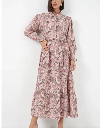Rochie camasa midi  imprimeu paisley, roz carnation, maneca lunga, cu curea, 80% viscoza,