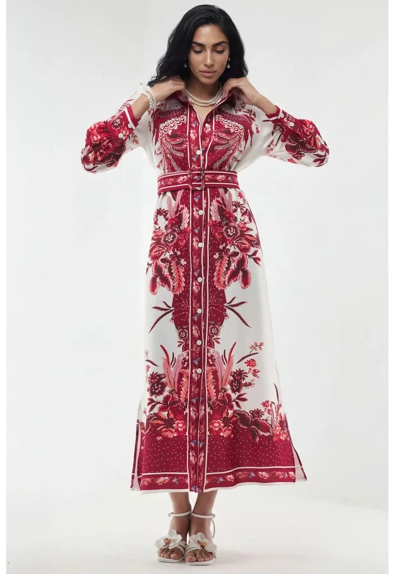 Rochie camasa lunga,  floral, maneca lunga, multicolor, poliester-elastan