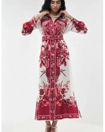 Rochie camasa lunga,  floral, maneca lunga, multicolor, poliester-elastan