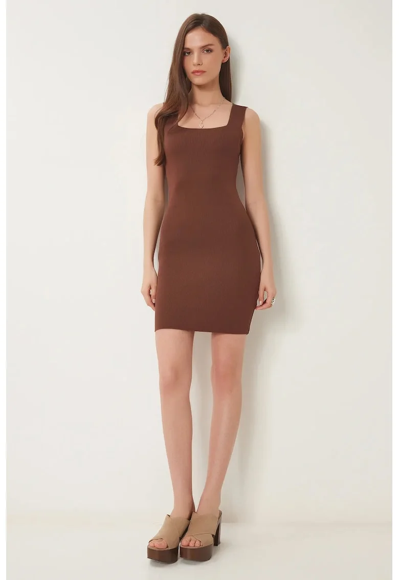 Rochie mini mulata Happiness Istanbul, cu guler patrat, poliester, maro,
