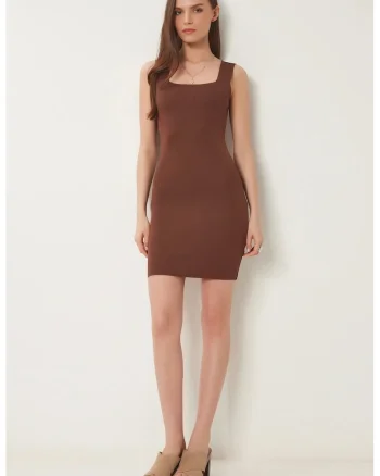 Rochie mini mulata Happiness Istanbul, cu guler patrat, poliester, maro,
