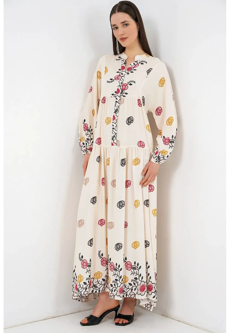 Rochie maxi  decolteu in V, bej, 100% viscoza, maneca lunga