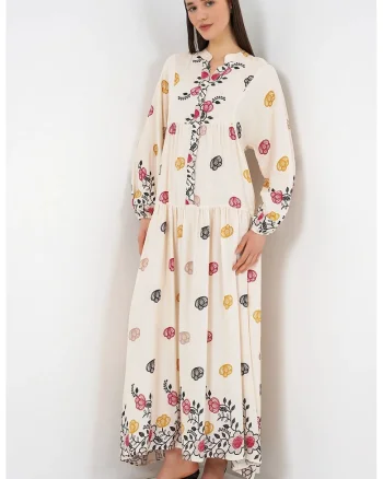 Rochie maxi  decolteu in V, bej, 100% viscoza, maneca lunga