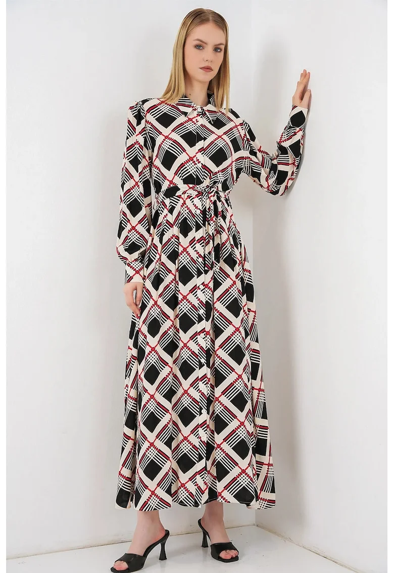 Rochie tip camasa, midi,  model in carouri, viscoza, bej/negru