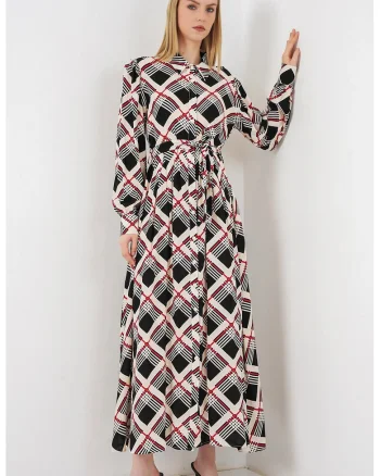 Rochie tip camasa, midi,  model in carouri, viscoza, bej/negru