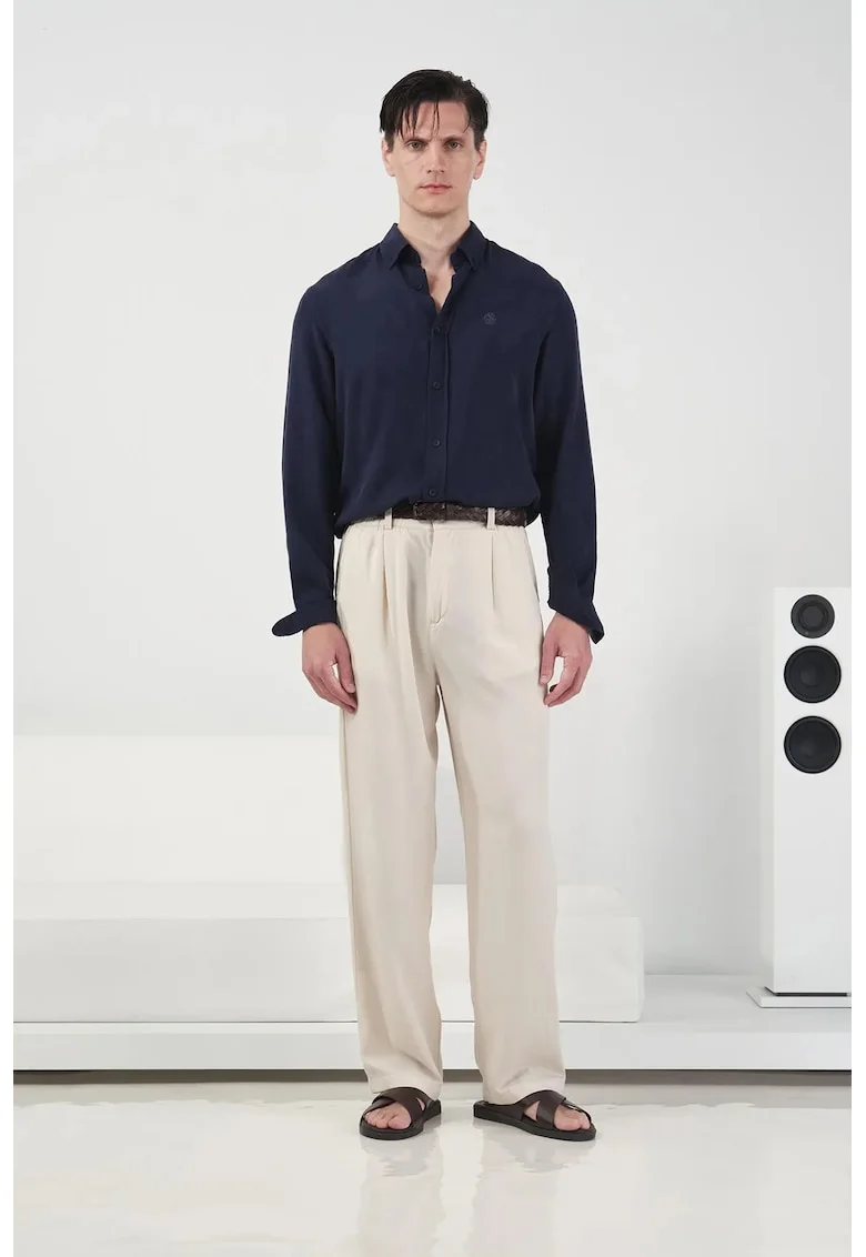 Pantaloni barbati,  pliati, bej, modal