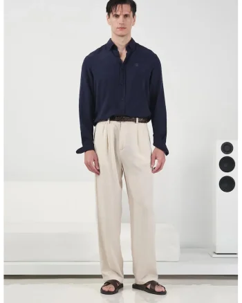 Pantaloni barbati,  pliati, bej, modal