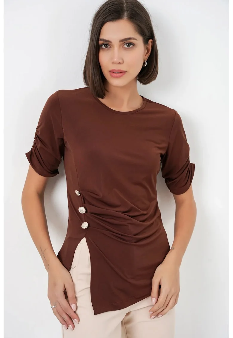 Tricou dama,  Maro inchis, Guler rotund, Nasturi