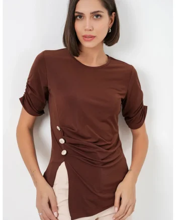 Tricou dama,  Maro inchis, Guler rotund, Nasturi