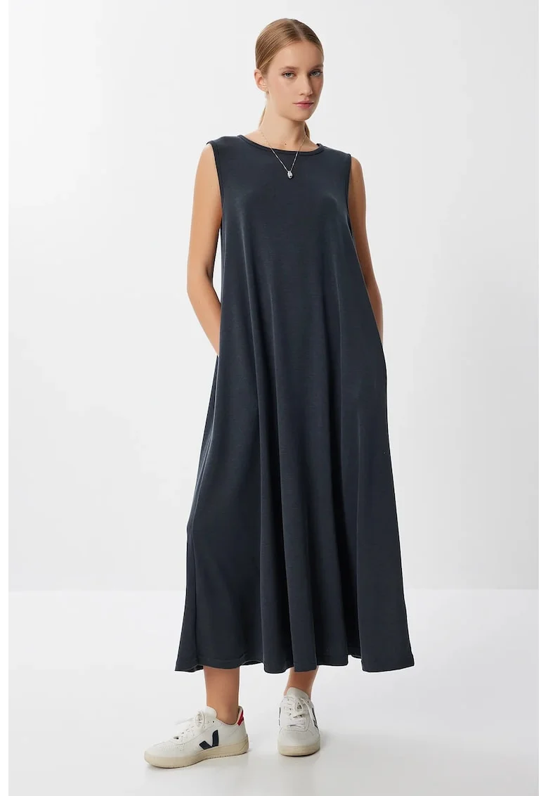 Rochie midi Happiness Istanbul, lejera, gri, cu buzunare, bumbac