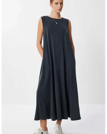 Rochie midi Happiness Istanbul, lejera, gri, cu buzunare, bumbac