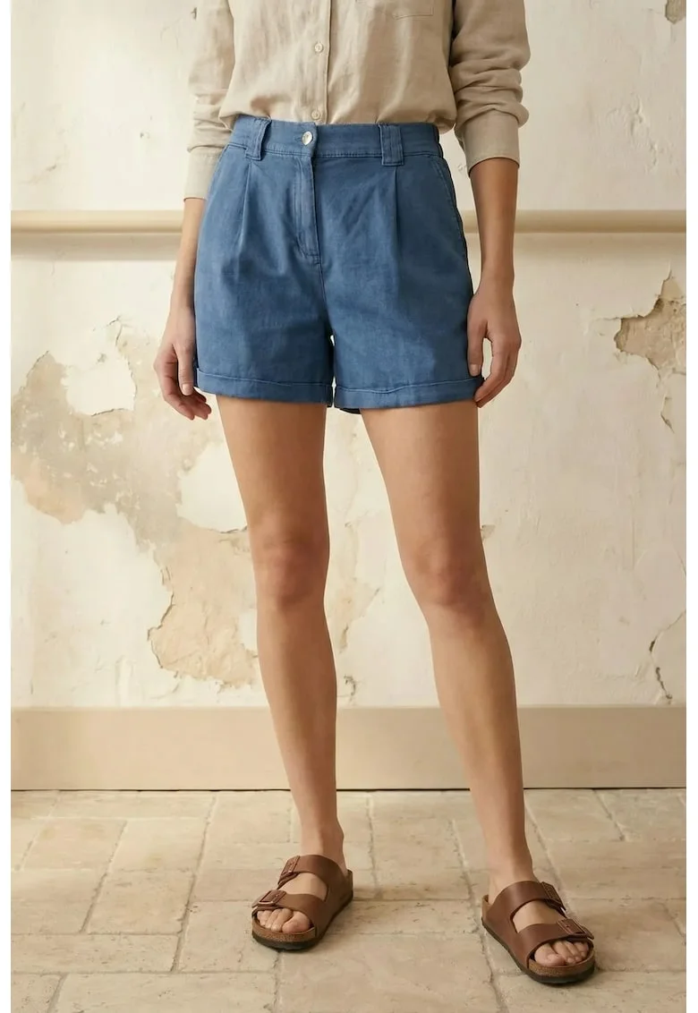 Pantaloni scurti,  talie inalta, albastru, bumbac