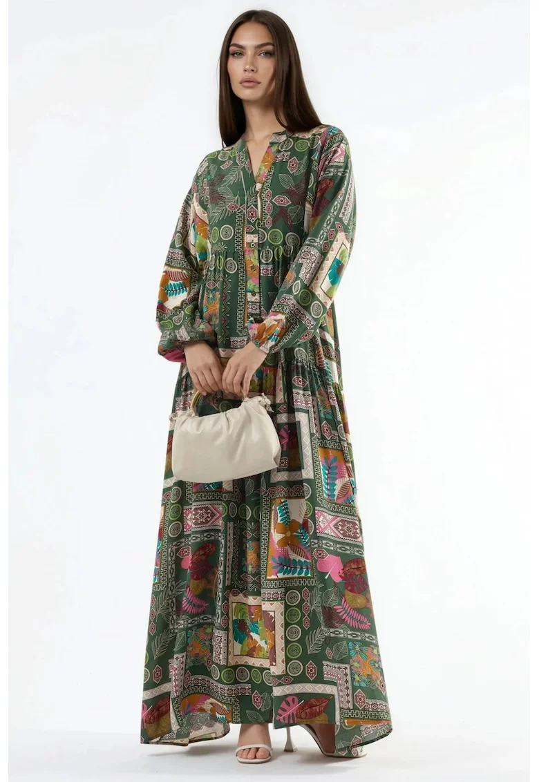 Rochie Maxi,  decolteu in V, maneci lungi, verde, viscoza