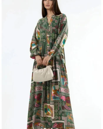 Rochie Maxi,  decolteu in V, maneci lungi, verde, viscoza