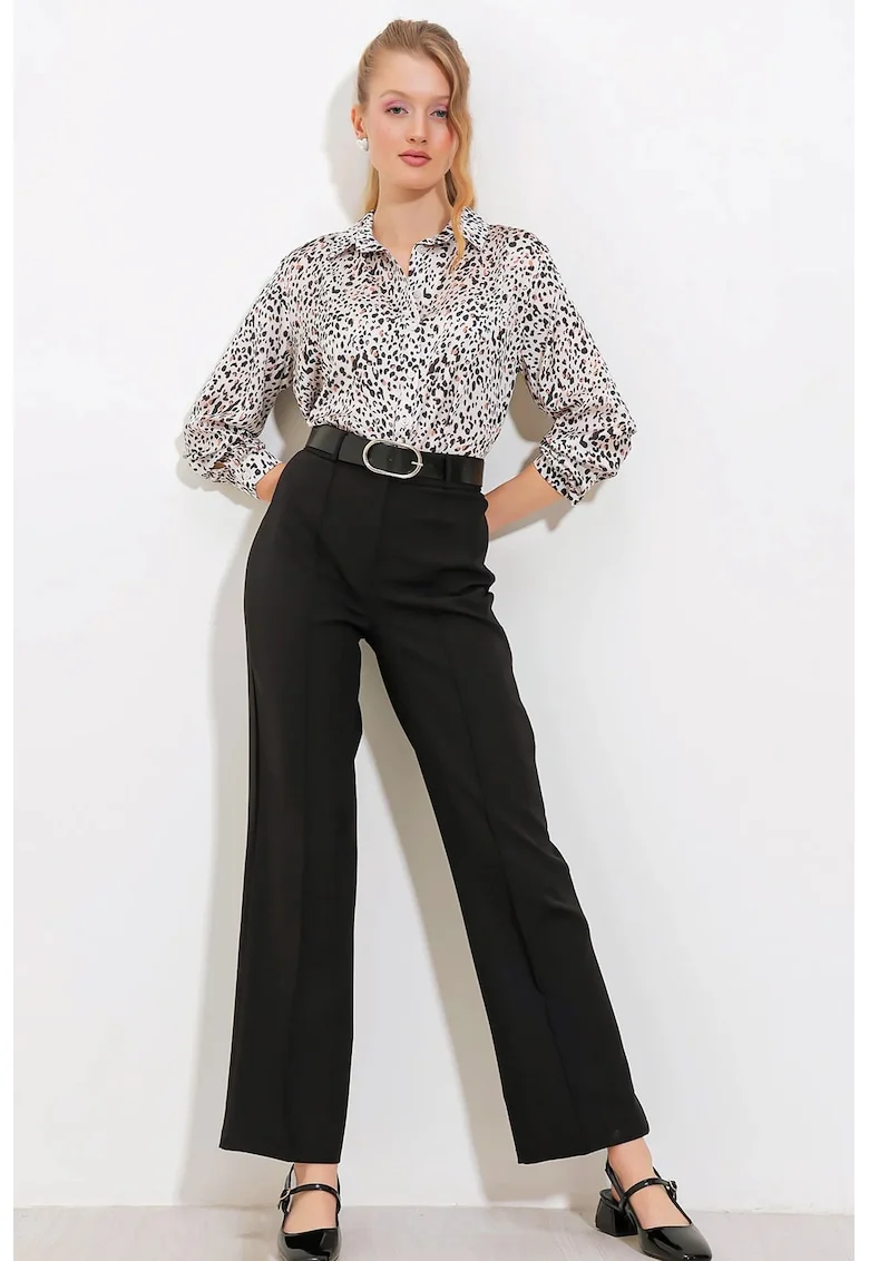 Pantaloni dama  crep, talie inalta, negru, poliester