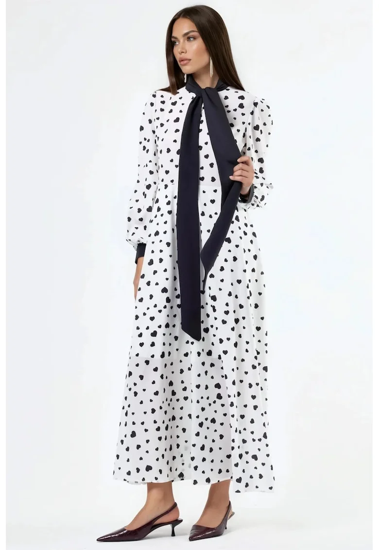 Rochie Maxi,  model cu inimioare, maneci lungi poliester/lycra, alb/negru