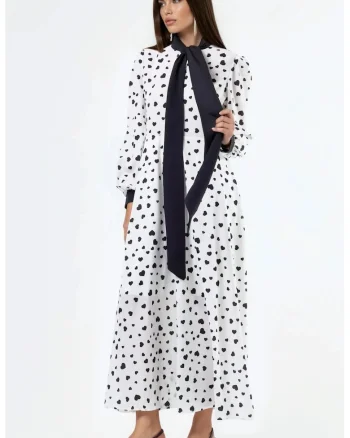 Rochie Maxi,  model cu inimioare, maneci lungi poliester/lycra, alb/negru