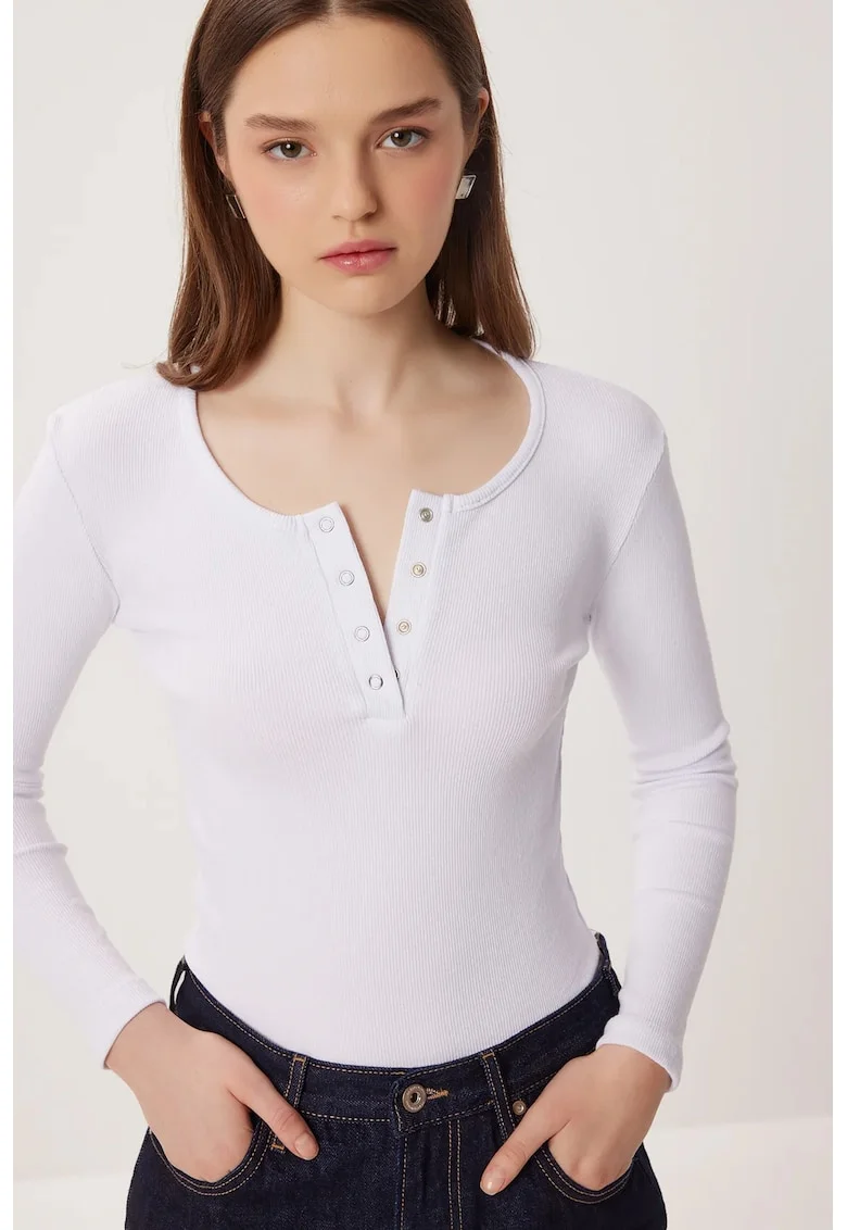 Bluza dama, Happiness Istanbul, Alb, Guler in U