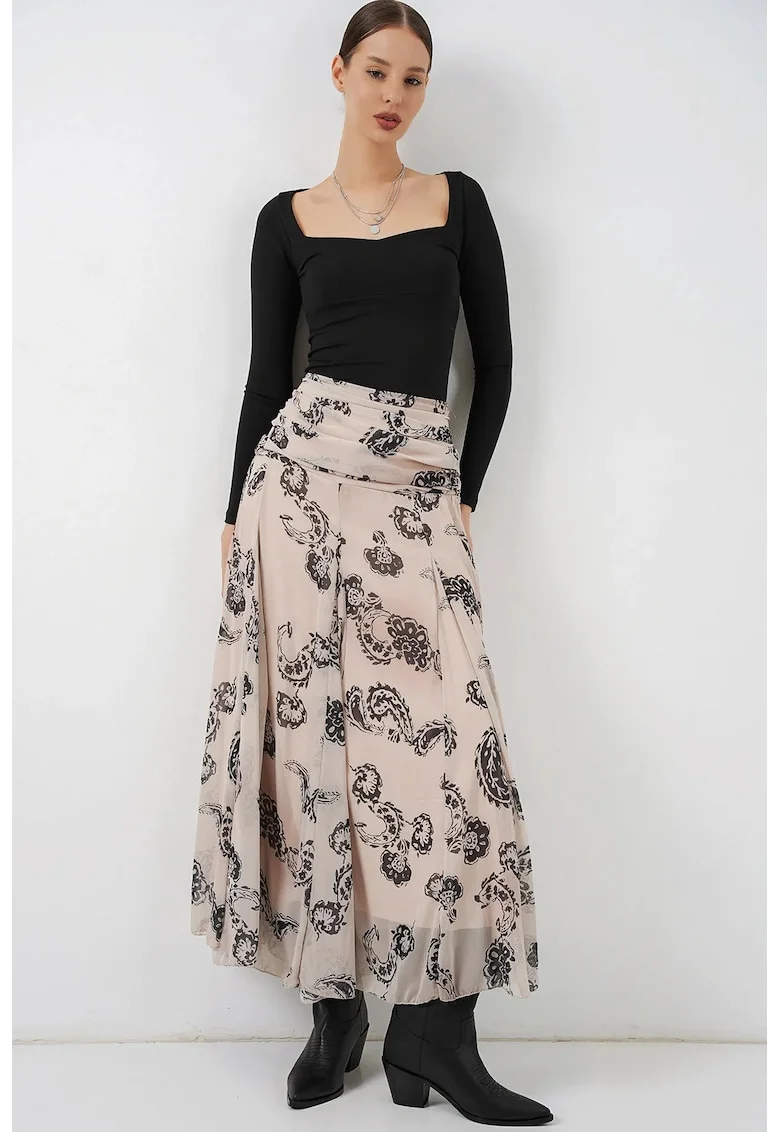 Fusta maxi  cu talie inalta, imprimeu Paisley, crem, poliester
