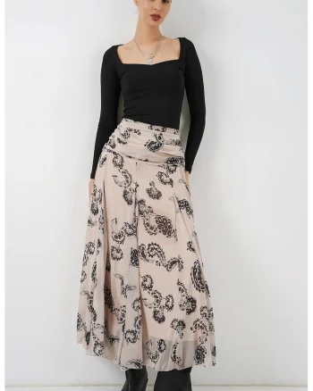 Fusta maxi  cu talie inalta, imprimeu Paisley, crem, poliester
