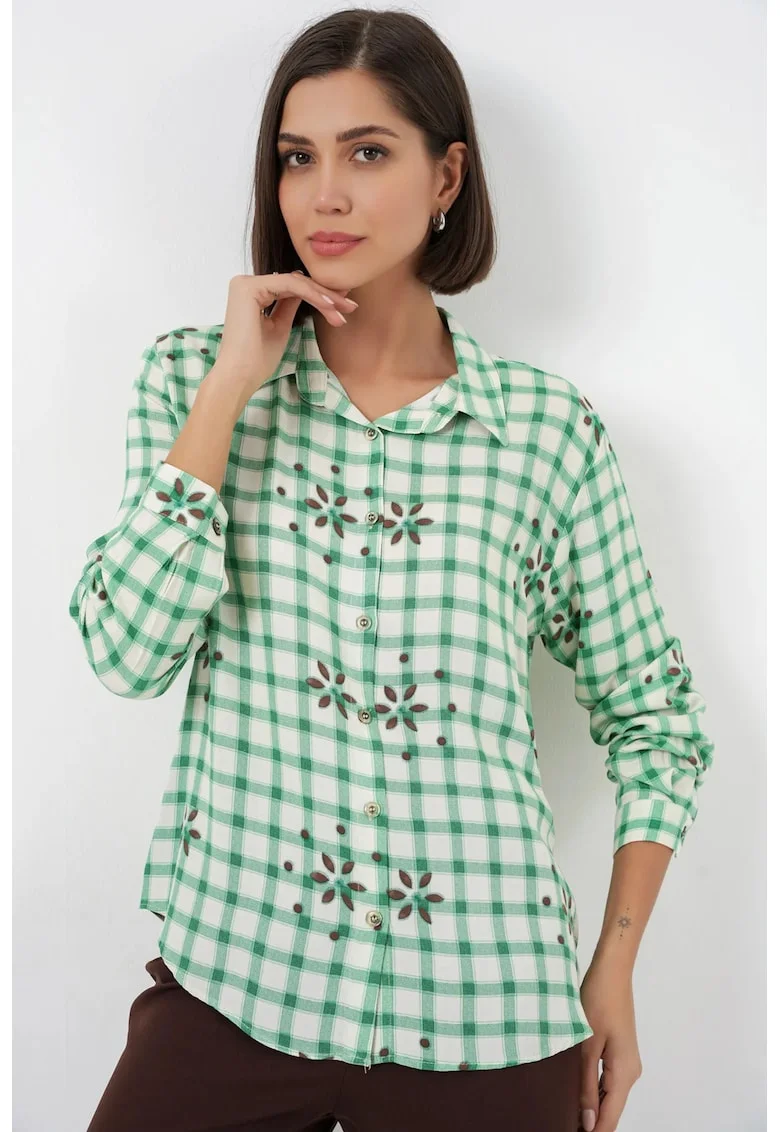 Camasi dama,  camasa cu nasturi, carouri, verde, 100% viscoza