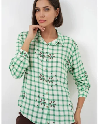 Camasi dama,  camasa cu nasturi, carouri, verde, 100% viscoza