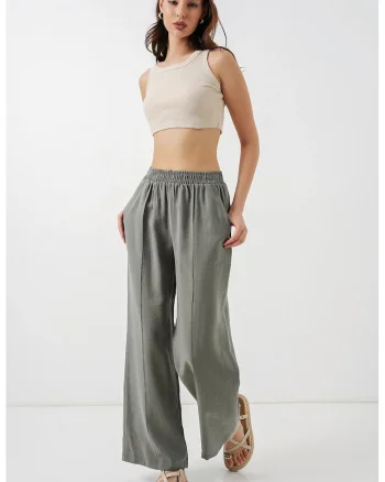 Pantaloni dama  talie elastica, gri, modal