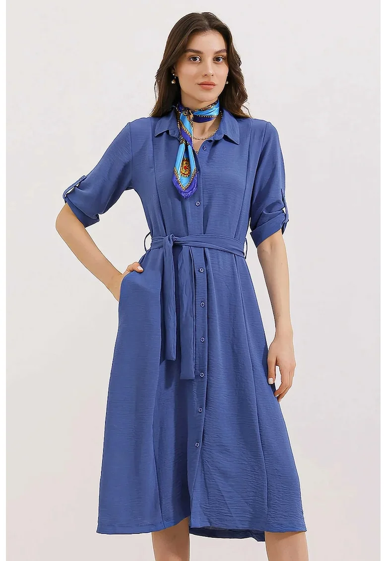 Rochie midi,  texturata, poliester/lycra, albastru