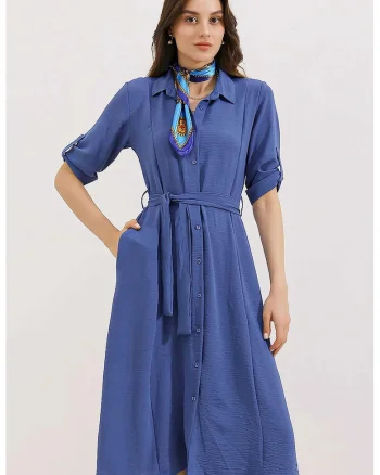 Rochie midi,  texturata, poliester/lycra, albastru