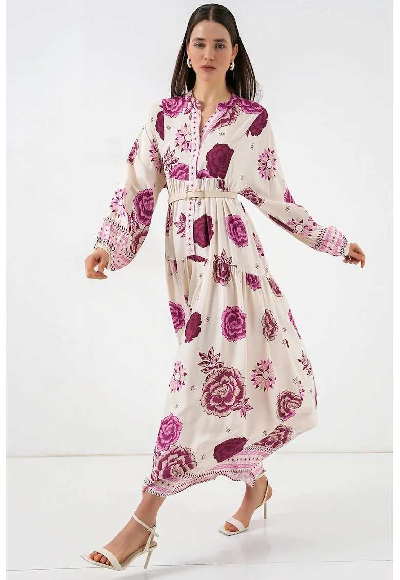Rochie maxi  roz, 100% viscoza, maneca lunga