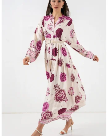 Rochie maxi  roz, 100% viscoza, maneca lunga