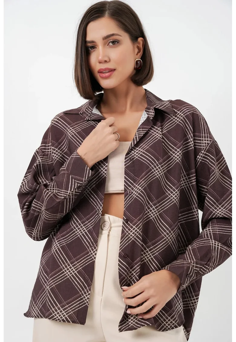 Camasi dama,  camasa supradimensionata, carouri, maro mocha, 80% viscoza, 20% nailon