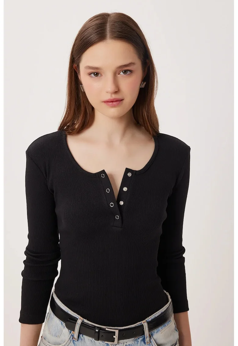 Bluza dama, Happiness Istanbul, Negru, Slim fit, Guler in U