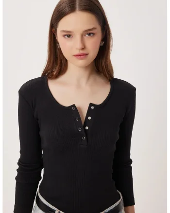 Bluza dama, Happiness Istanbul, Negru, Slim fit, Guler in U