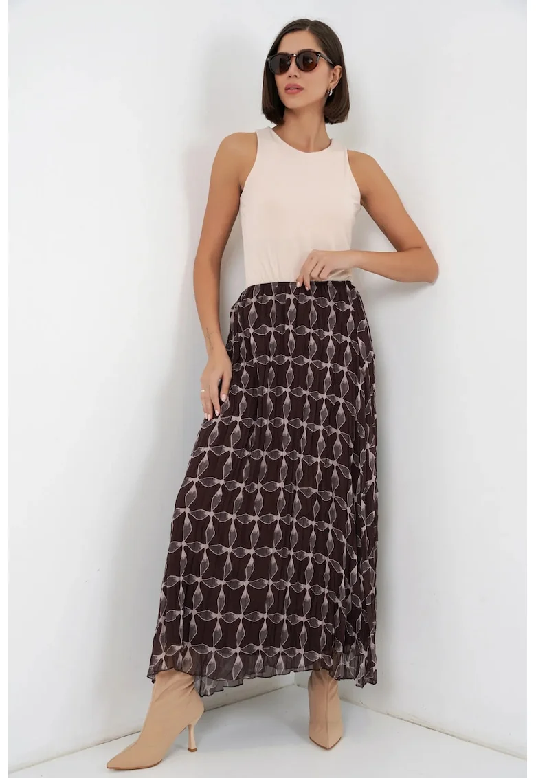 Fusta maxi  cu talie inalta, imprimeu geometric, maro, poliester