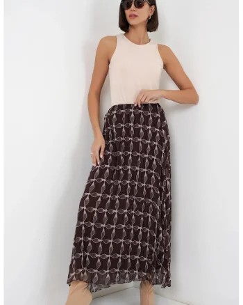 Fusta maxi  cu talie inalta, imprimeu geometric, maro, poliester