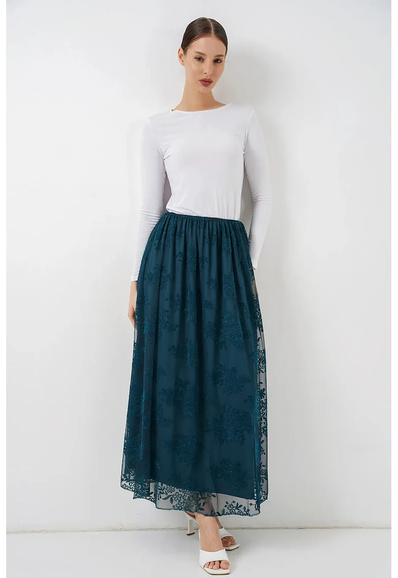 Fusta maxi  floral, talie inalta, albastru, bumbac
