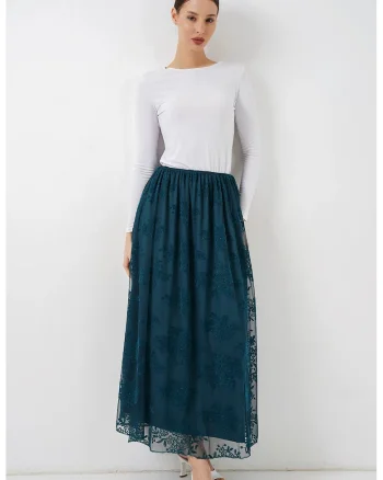 Fusta maxi  floral, talie inalta, albastru, bumbac