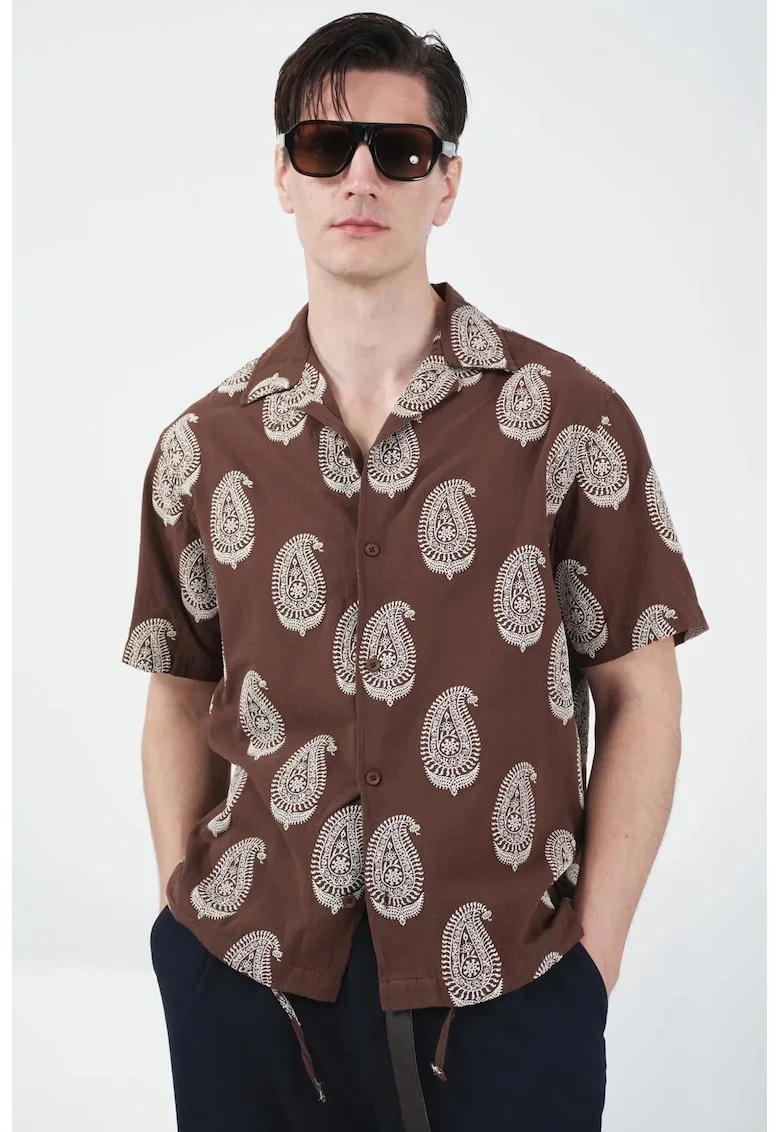 Camasa barbati,  cu maneca scurta, alb/maro, multicolor, poliamida